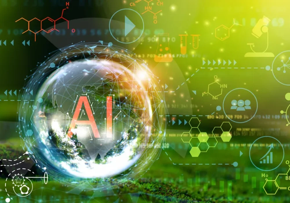 Sustainable AI in life sciences shown with lab symbols on a vibrant green backdrop. 