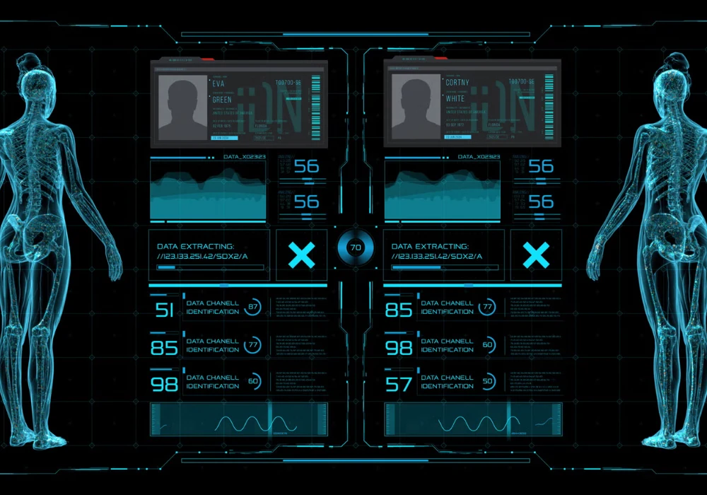 A futuristic dashboard displays full-body skeletal scans with patient vitals. 