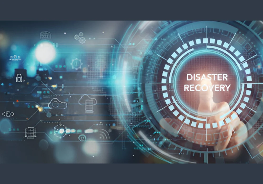 Healthcare IT disaster recovery concept with digital interface and data icons. 