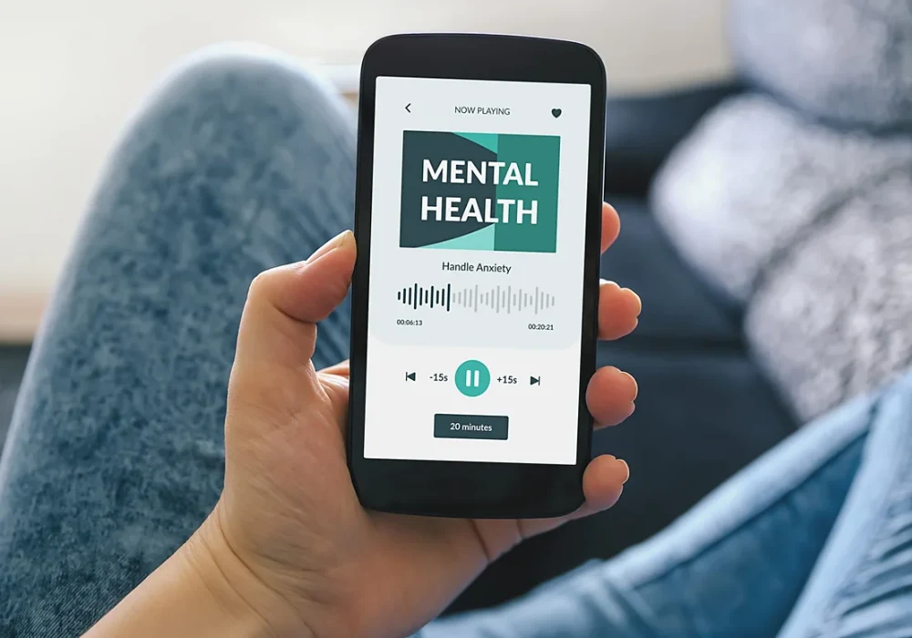 Mental health app on a smartphone for anxiety relief and wellbeing, showing digital therapy and mobile healthcare.