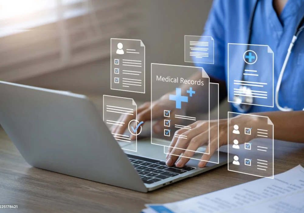 Clinician accessing electronic medical records through a secure digital health platform.