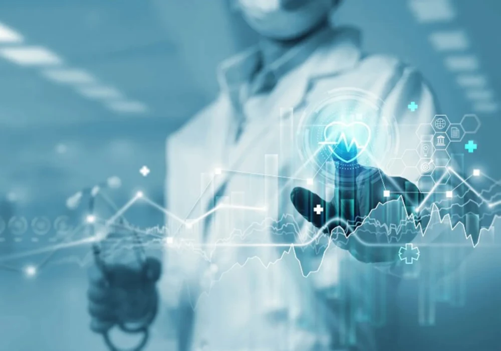 Healthcare professional interacting with a virtual interface, visualising data-driven care and advanced medical technology.