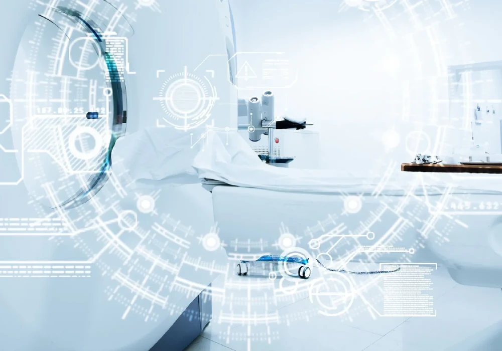 CT imaging suite with advanced digital overlays, illustrating data-driven radiology workflows and AI-supported diagnostic environments.