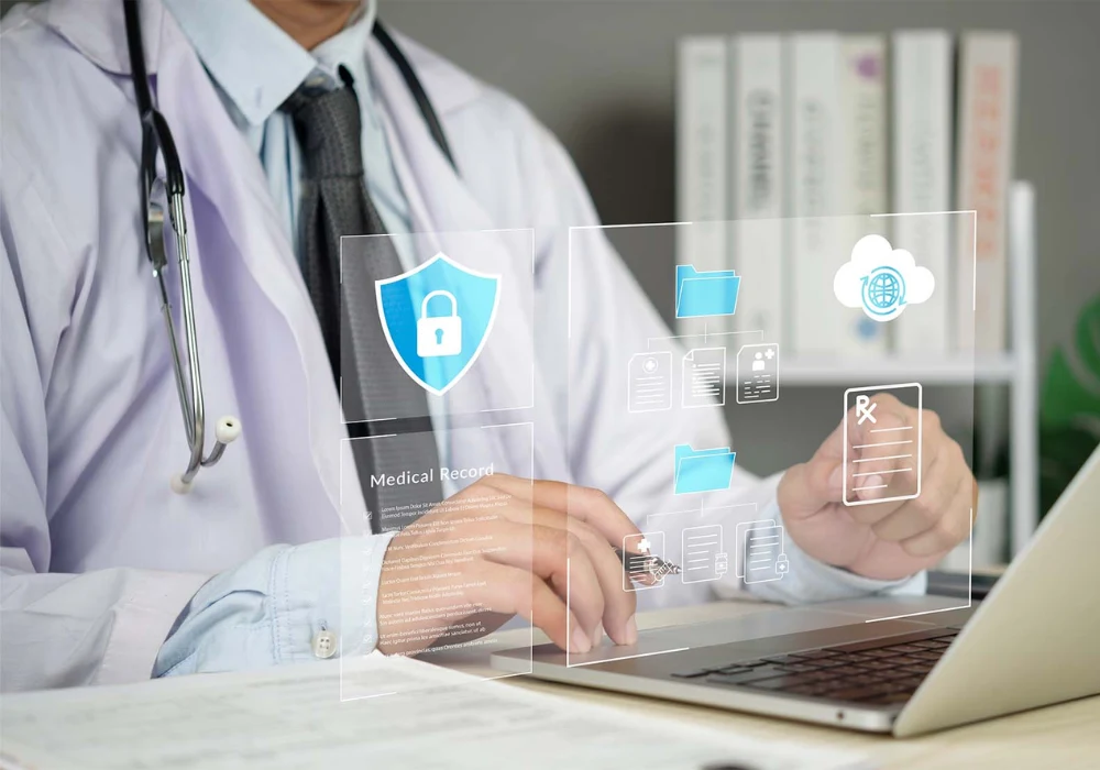 Healthcare cybersecurity concept with physician securing patient data on a digital tablet.