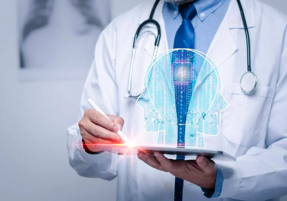 AI-assisted healthcare concept with doctor using digital tablet for clinical decision support.