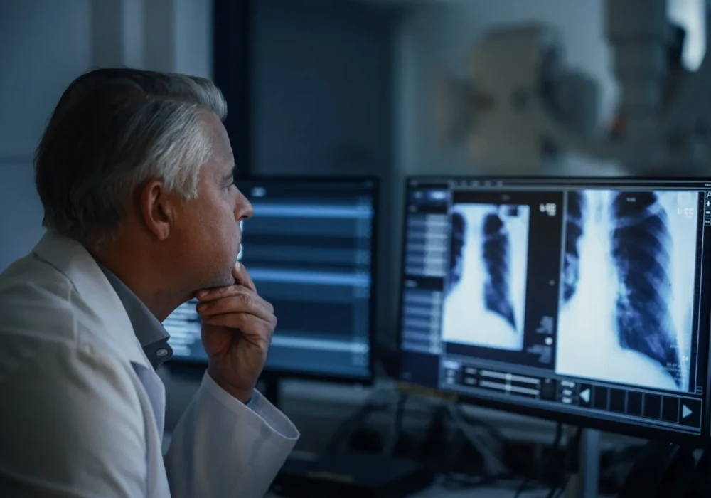 Radiologist reviewing chest X-ray images on a diagnostic workstation.
