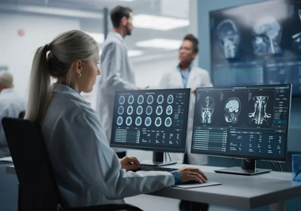 Radiologist reviewing scans on diagnostic workstations in a hospital imaging lab.