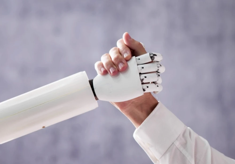 Human–AI collaboration symbolising integration of robotics and artificial intelligence in healthcare innovation.