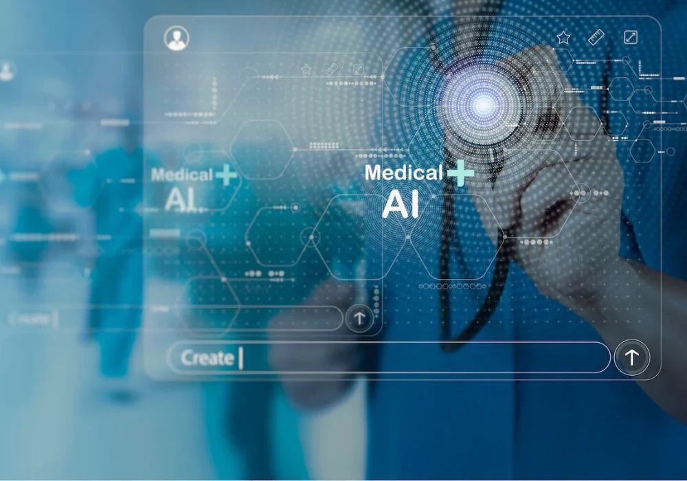 Clinician interacting with a medical AI interface, illustrating the application of artificial intelligence in diagnostics, data analysis and clinical decision support within digital healthcare environments.