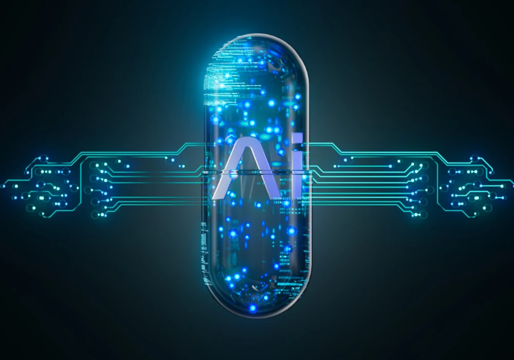 Futuristic capsule integrating AI and digital circuitry, illustrating the convergence of artificial intelligence with medicine.