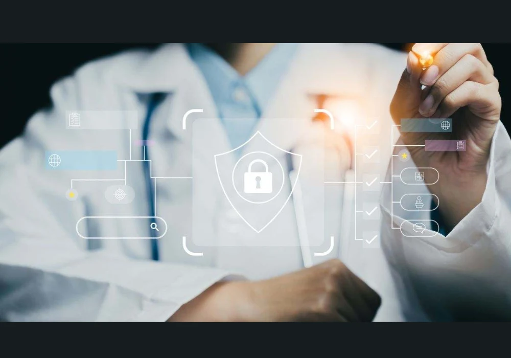 Healthcare data security concept with digital protection, patient privacy, access control and cybersecurity for connected medical systems.