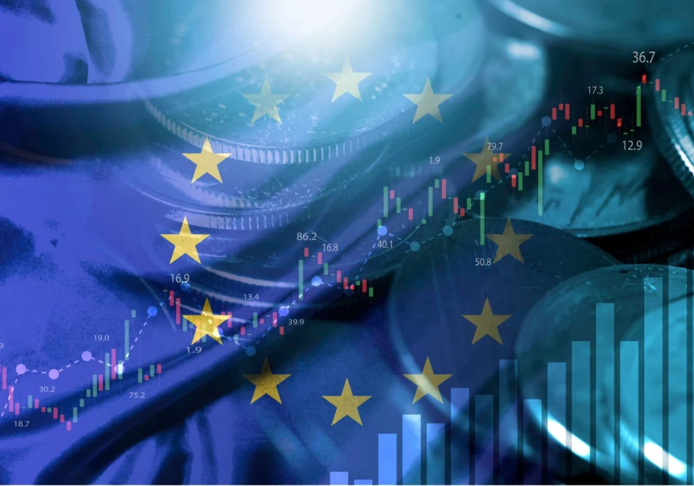 European healthcare finance concept with EU funding, economic data and investment trends shaping health policy and system planning.