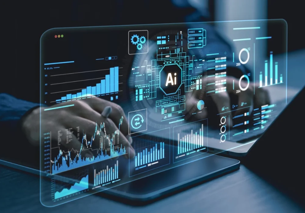 AI-powered analytics dashboard on a laptop, supporting healthcare data analysis, workflow automation and digital decision-making.