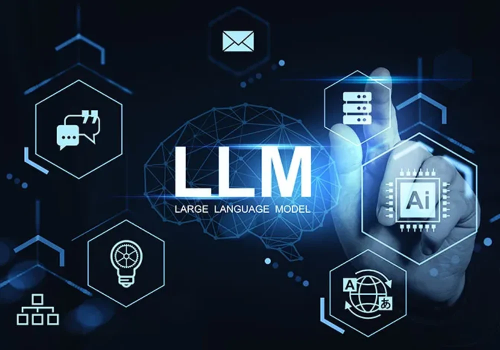 Large language model concept with AI icons, supporting healthcare data analysis, clinical workflow automation and digital decision support.