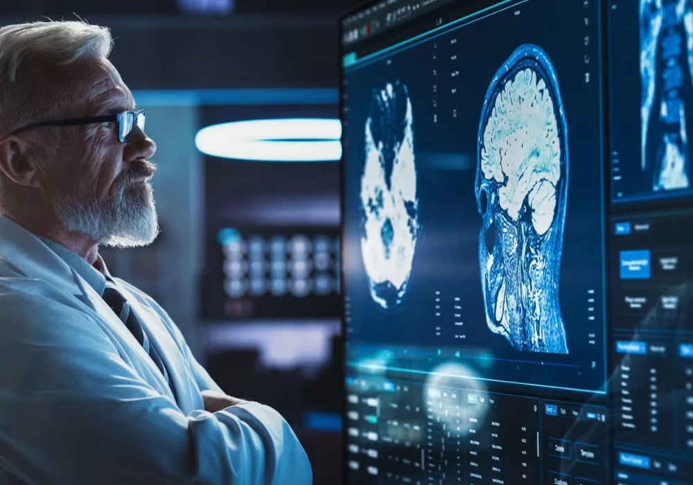 Radiologist reviewing brain MRI scans on diagnostic monitors, supporting neuroimaging assessment, neurological diagnosis and treatment planning.