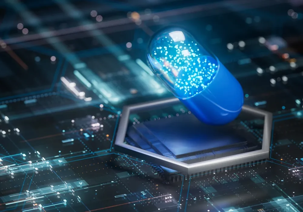 Digital medicine concept with smart pill on circuit board, supporting pharmaceutical innovation, AI drug development and connected healthcare technology.