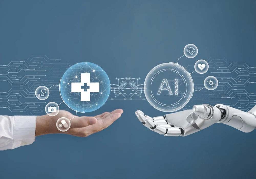 AI in healthcare concept with human and robotic hands exchanging digital medical data, supporting connected care and clinical innovation.
