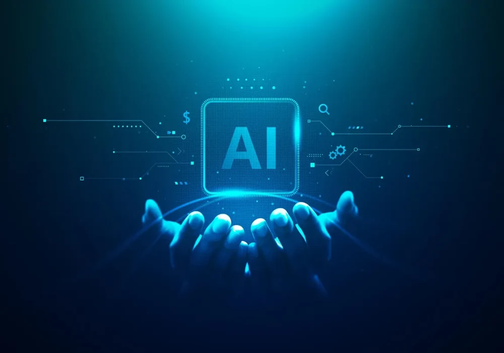 AI technology concept with digital chip in human hands, supporting healthcare innovation, data analysis and intelligent workflow automation.