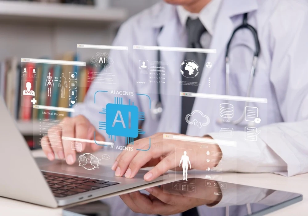 Doctor using AI agents in healthcare, supporting electronic medical records, clinical data analysis and digital workflow automation.