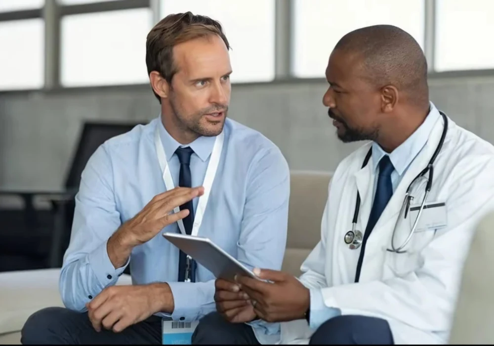 Healthcare professionals discussing clinical strategy, supporting global health management, medical collaboration and sustainable care planning.