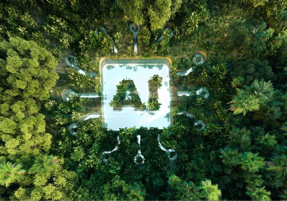 Green AI concept in a forest, symbolising sustainable artificial intelligence, environmental innovation and responsible digital transformation.