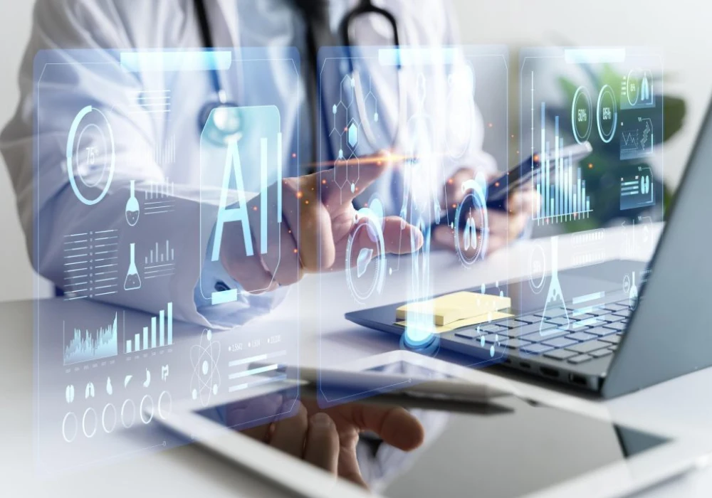 AI-powered healthcare analytics concept with doctor using digital dashboards for medical data analysis, clinical decision support and connected care.