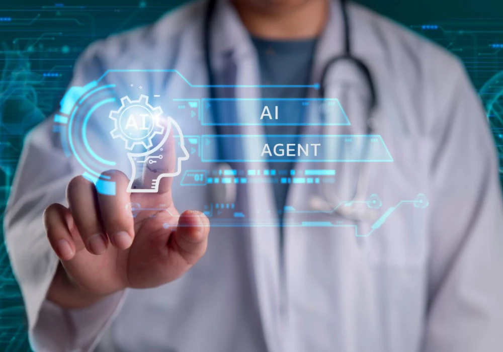 Doctor using an AI agent in digital healthcare, supporting clinical decision support, medical data analysis and intelligent care coordination.