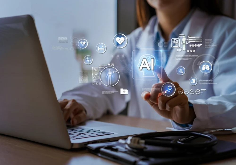 Doctor using AI-enabled healthcare technology, supporting clinical decision support, patient data analysis and digital care coordination.