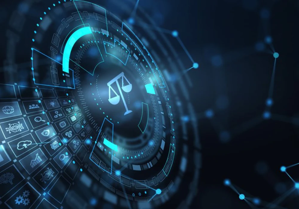 Digital governance concept with justice scales, supporting AI regulation, ethical oversight, compliance and responsible healthcare innovation.