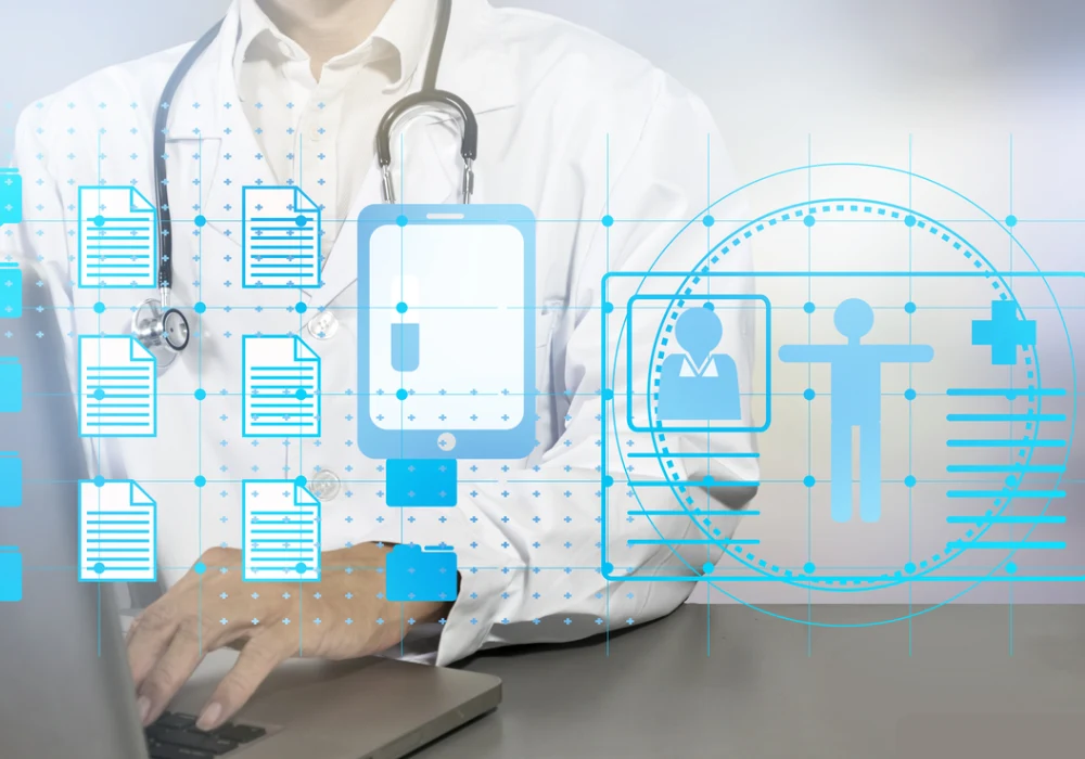 Doctor using digital health records, supporting electronic medical documentation, patient data management and connected healthcare workflows.