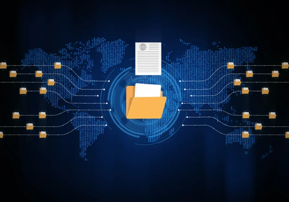 Digital data network concept with connected folders, supporting healthcare information exchange, secure data sharing and system interoperability.