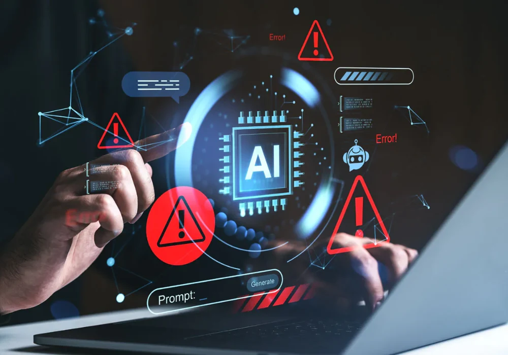 AI error warning concept with digital alerts, supporting responsible healthcare AI, risk management and clinical technology governance.