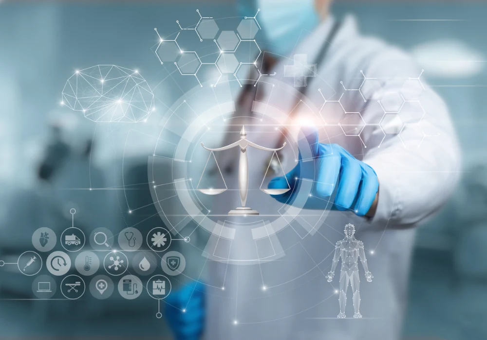 Doctor using AI governance interface, supporting ethical healthcare decisions, clinical oversight and responsible digital innovation.