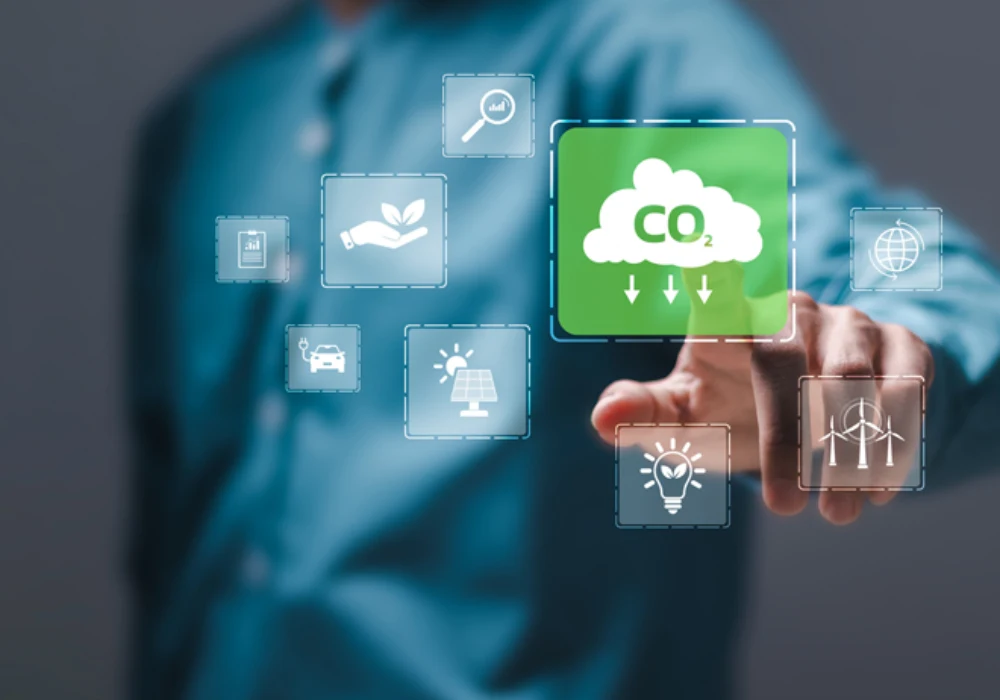 Digital CO₂ reduction interface in healthcare, supporting emissions tracking, sustainable care and green hospital operations.