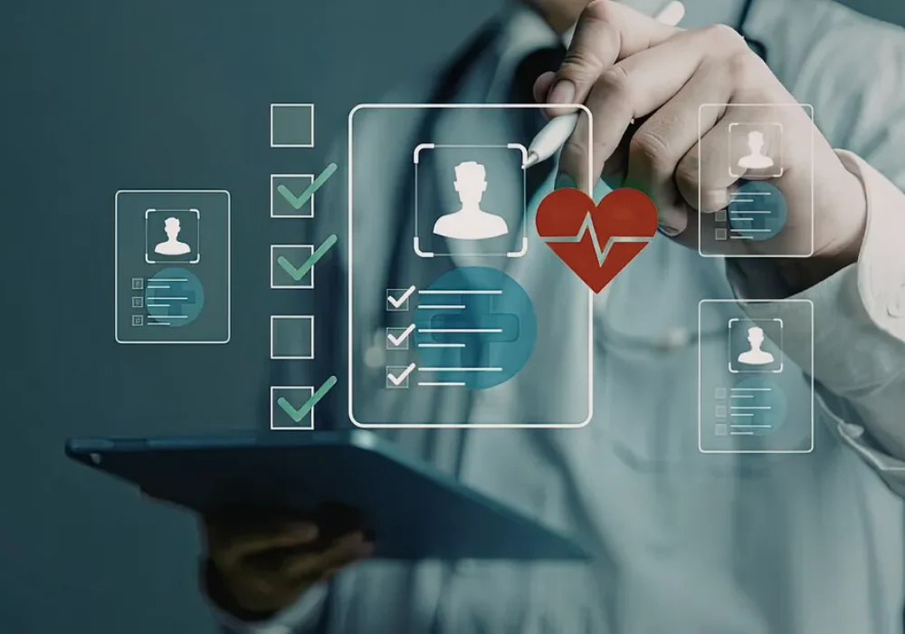 Physician using digital patient checklist, supporting health screening, clinical documentation, risk assessment and care coordination.