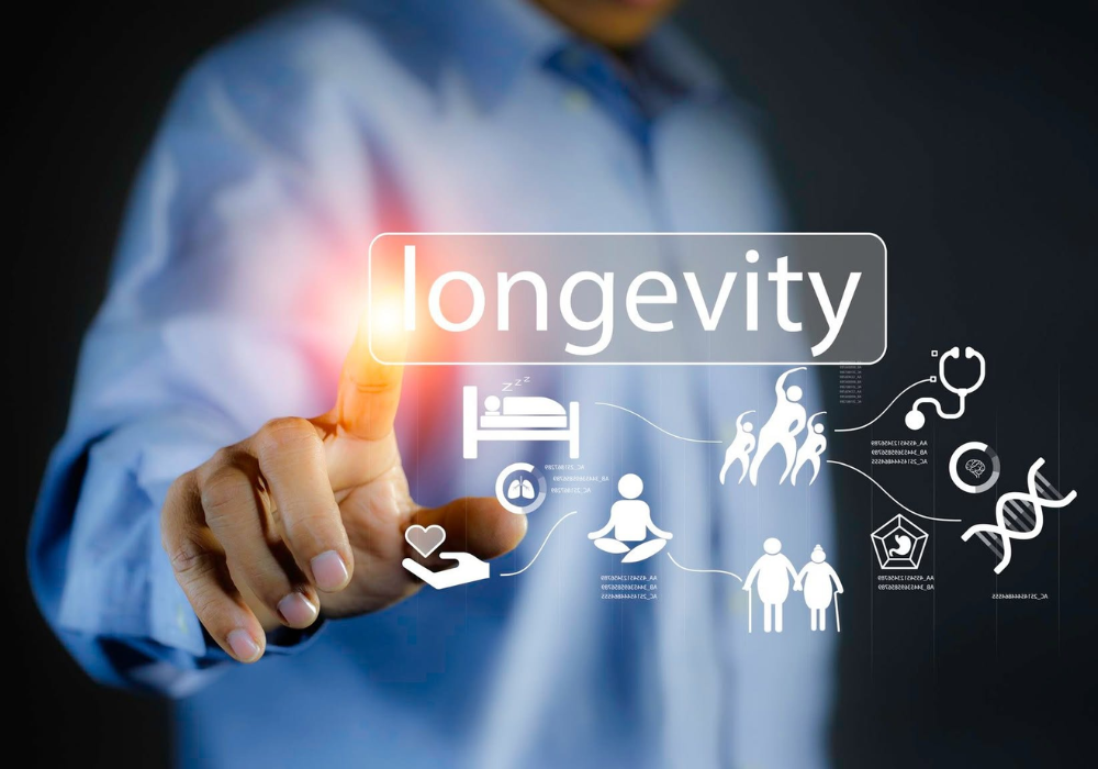 Longevity medicine concept with digital health icons, supporting preventive care, healthy ageing and personalised healthcare planning.