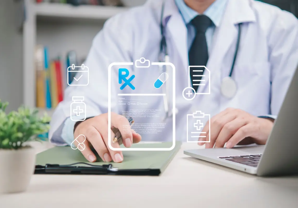 Doctor using electronic prescription software, supporting e-prescribing, medication management and safer clinical workflows.