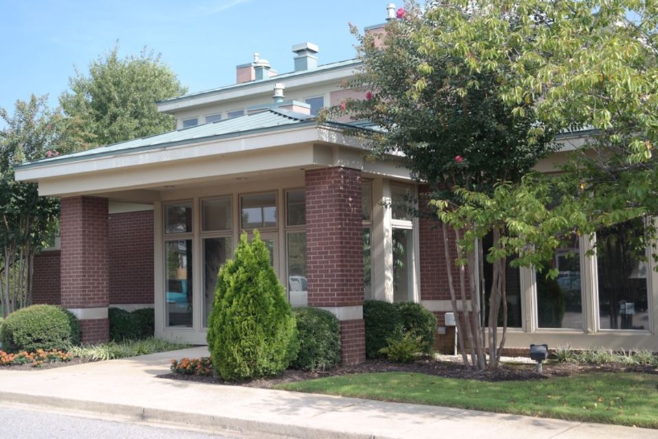 Brick building white gutters