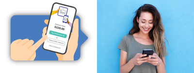 Screenshot of a mobile payment app and a woman holding a cell phone