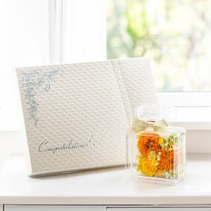 Rosary フラワーボトル サニーオレンジ＋キラキラHAPPYBOX電報プレシャスホワイト
