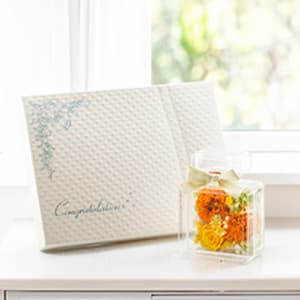 Rosary フラワーボトル サニーオレンジ＋キラキラHAPPYBOX電報プレシャスホワイト