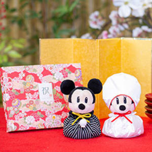 ミッキーマウス＆ミニーマウス ウェディングマスコット＋和風HAPPYBOX電報 花手鞠 茜