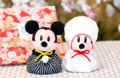 【ディズニー】ミッキーマウス＆ミニーマウス 和装ウェディングマスコット＋和風HAPPYBOX電報 花手鞠 茜