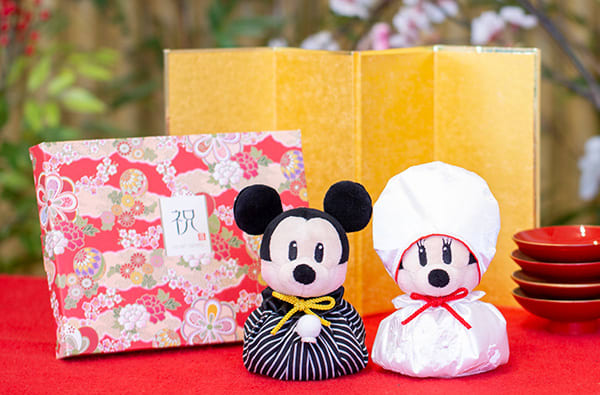 ミッキーマウス＆ミニーマウス ウェディングマスコット＋和風HAPPYBOX電報 花手鞠 茜