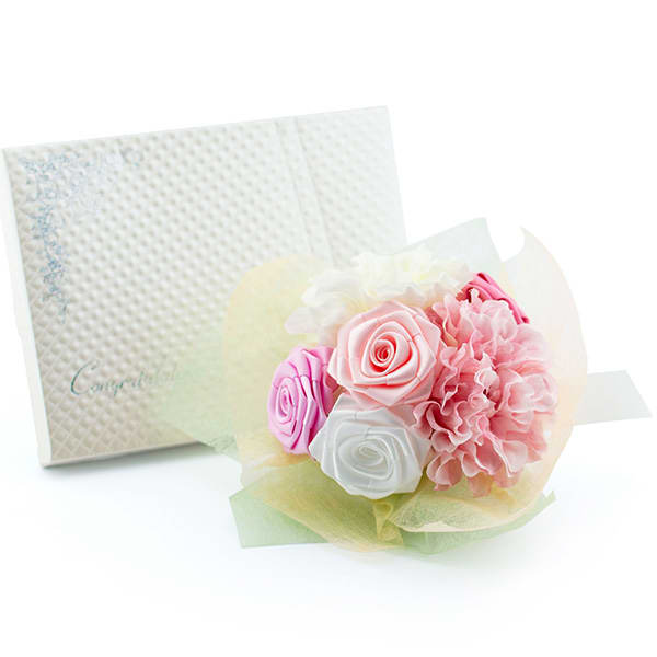 〈RIBBON LOVERS〉リボンローズブーケ(ピンク)＋キラキラHAPPYBOX電報プレシャスホワイト