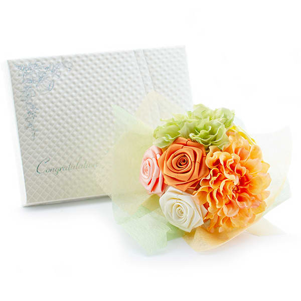 〈RIBBON LOVERS〉リボンローズブーケ(オレンジ)＋キラキラHAPPYBOX電報プレシャスホワイト