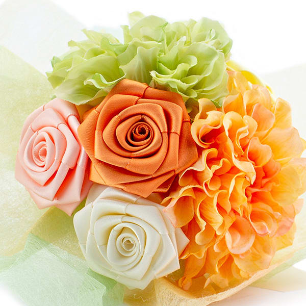 〈RIBBON LOVERS〉リボンローズブーケ(オレンジ)＋キラキラHAPPYBOX電報プレシャスホワイト