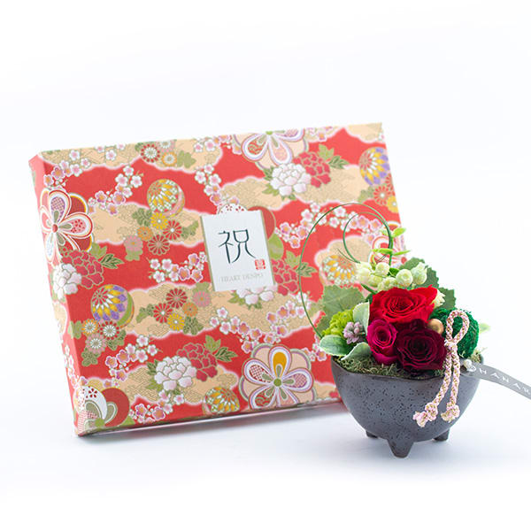 〈HANARI〉花毬 レッド+和風HAPPYBOX電報 花手鞠 茜