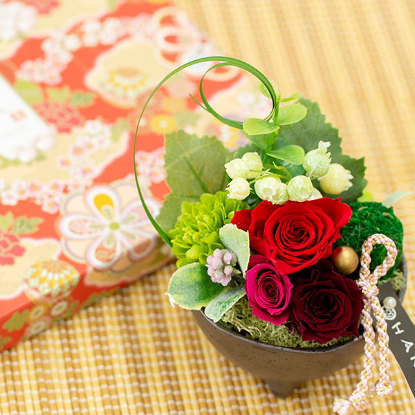 〈HANARI〉花毬 レッド+和風HAPPYBOX電報 花手鞠 茜