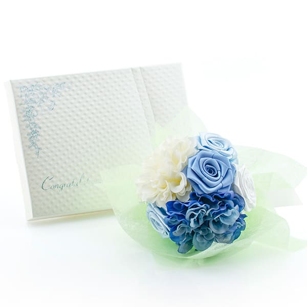 〈RIBBON LOVERS〉リボンローズブーケ（ブルー）＋キラキラHAPPYBOX電報プレシャスホワイト